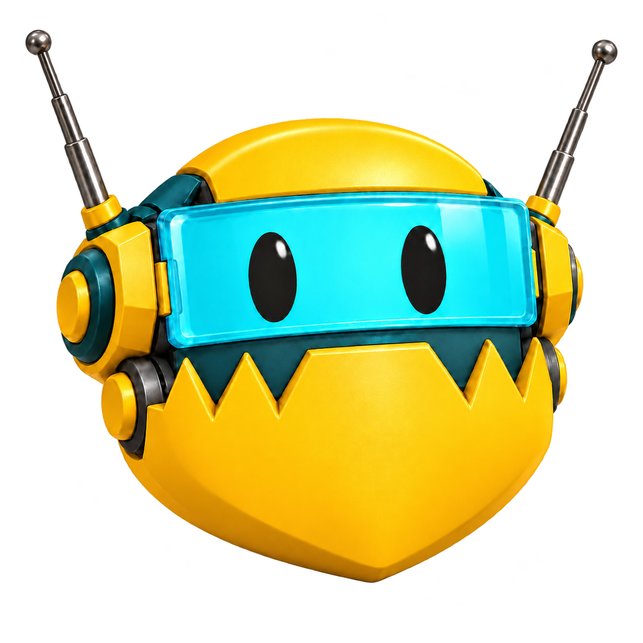 Gyrobot, the yellow Mechsploit robot with cyan goggles, radio antennae, and a big crocodile jaw.